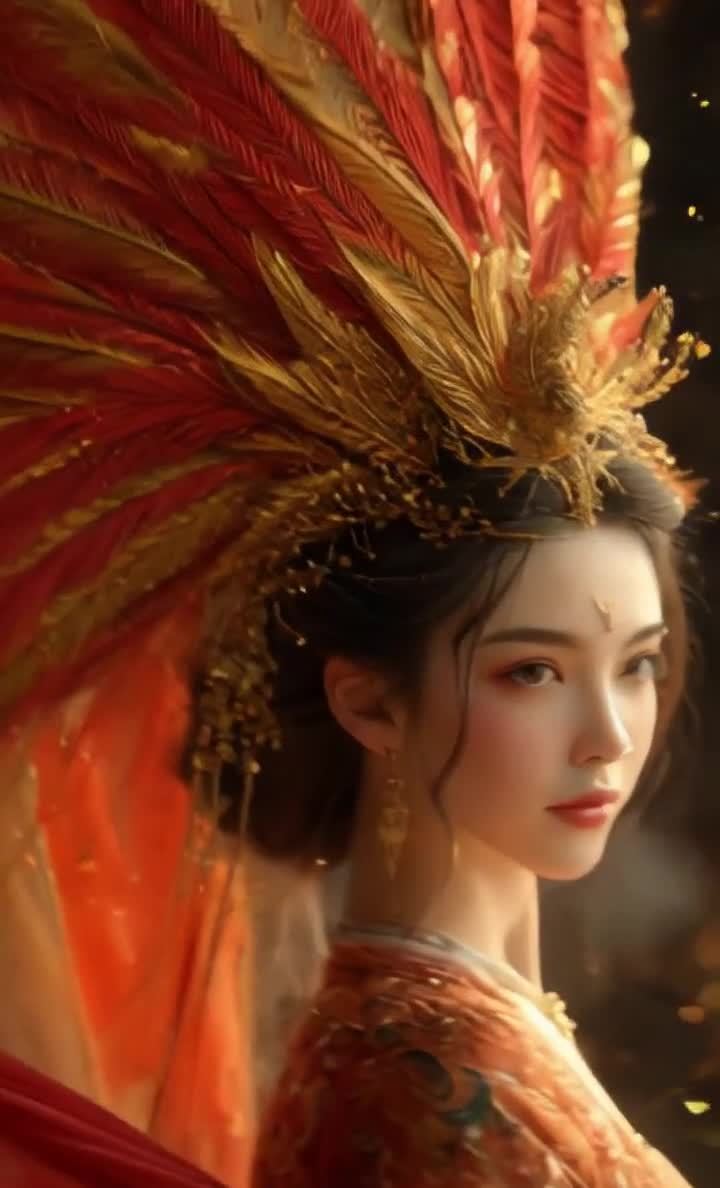 华丽装束的东方女子，羽毛头饰侧脸凝视。