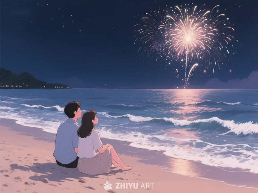 海边夜景，情侣共赏烟花 230
