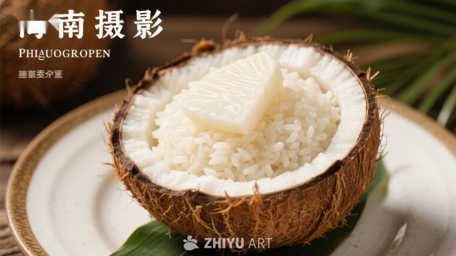 椰壳盛装米饭与椰肉的创意美食