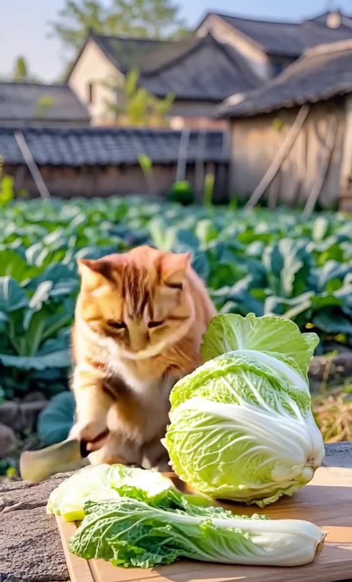 一只橘猫站立着，右手握着一把刀，正在切一颗白菜。白