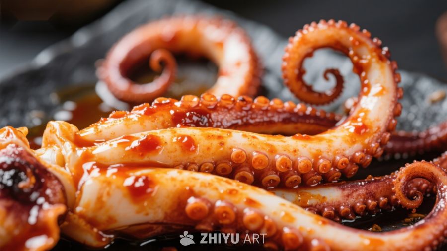 鲜美酱汁拌八爪鱼特写