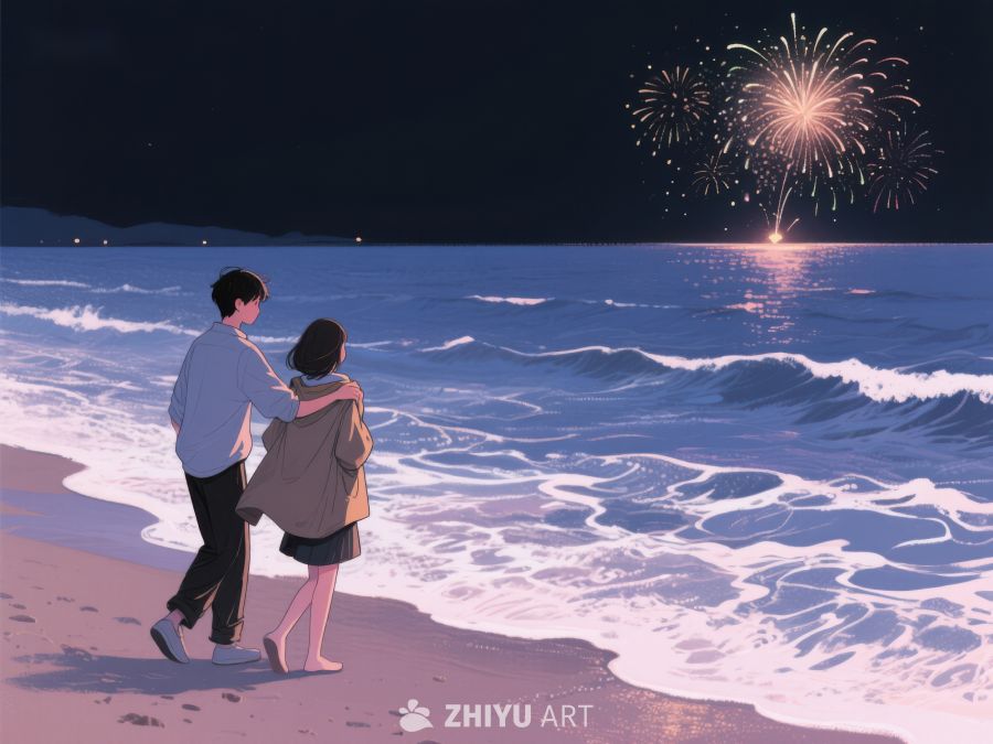 海边夜景，烟花下的情侣漫步 244