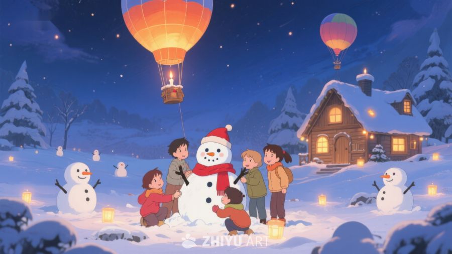 冬夜雪地，热气球与欢聚的儿童 97