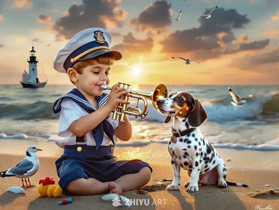 海滩上，夕阳的余晖洒在海浪上。一个身穿水手服的小男