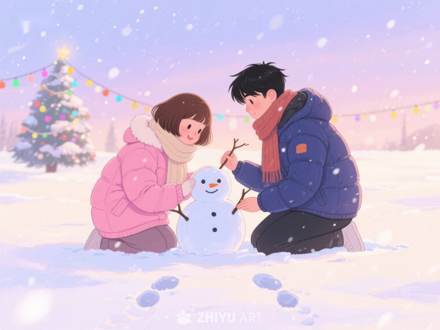 冬日雪地，情侣共筑雪人 136