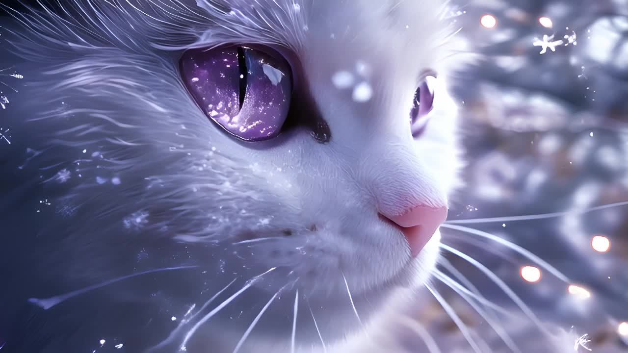 一只白色猫咪，长着紫色的眼睛，静静地凝视远方。雪花围绕着它的头部飞舞，形成了一幅迷人的景象。猫咪慢慢地眨着眼睛，保持着它那平静而威严的姿态。摄像机缓缓地推进，突出了周围宁静的冬日仙境。