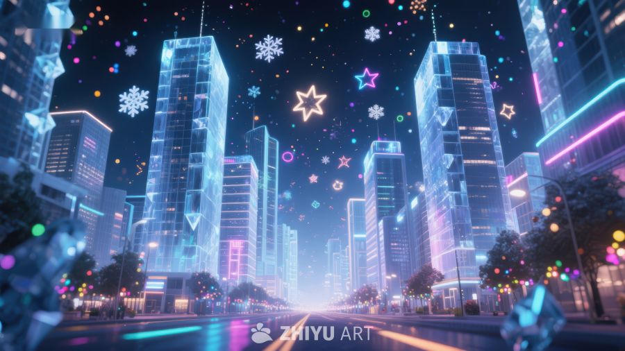 霓虹都市夜景，星光与雪花点缀 338