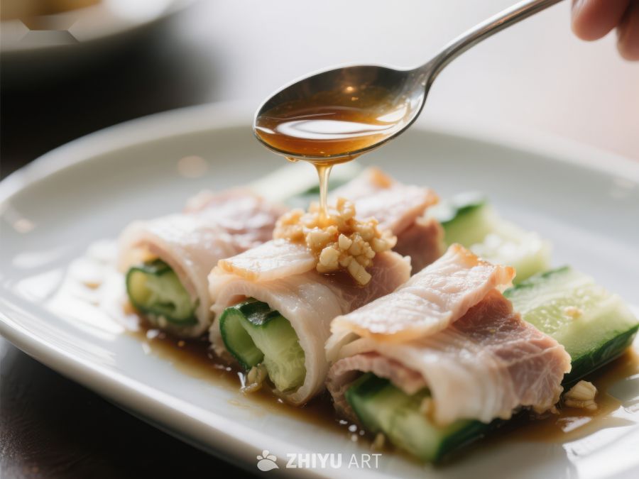 酱汁淋洒在黄瓜肉卷上 386