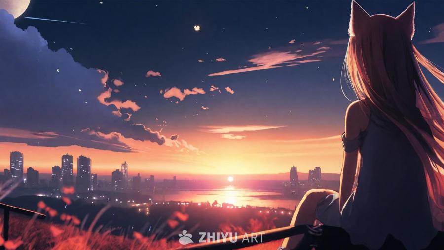 一个长发、有猫耳的动漫少女坐在高处，背对着画面，眺