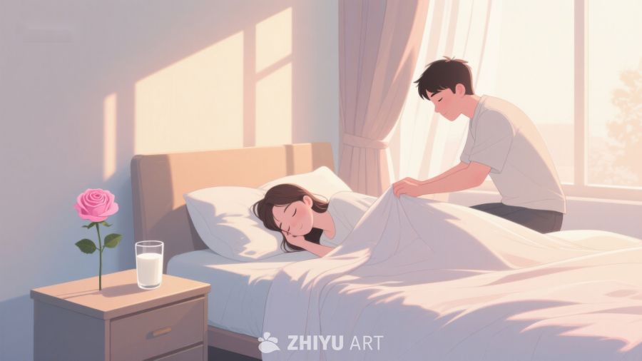 温馨晨光中，男子轻抚熟睡女子的被子 366