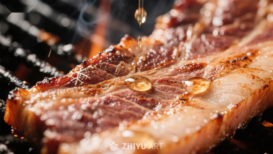 烤肉上的油脂滴落，散发诱人香气
