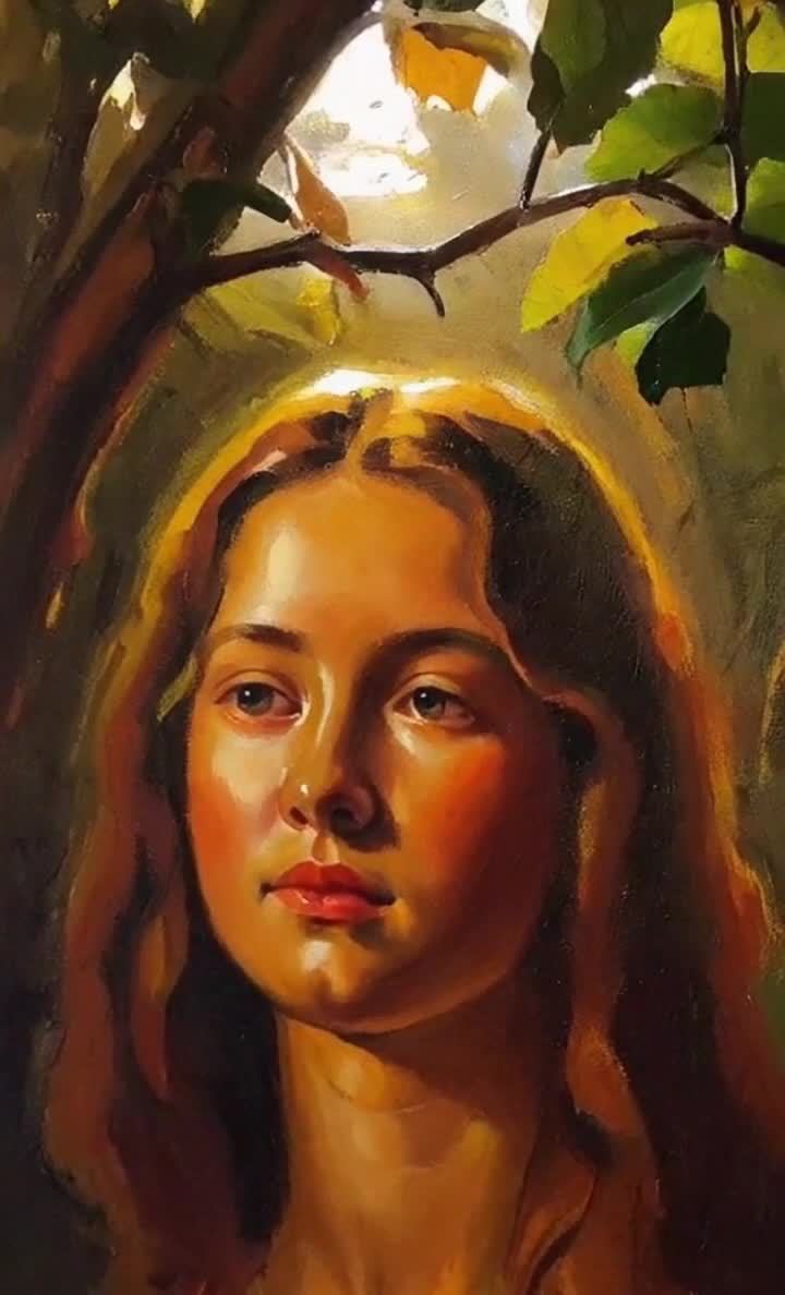 一位年轻女子肖像画。光线透过树叶形成斑驳的阴影，柔
