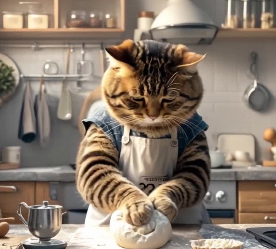 一只棕色虎斑猫穿着蓝色衬衫和白色围裙，围裙上印有数