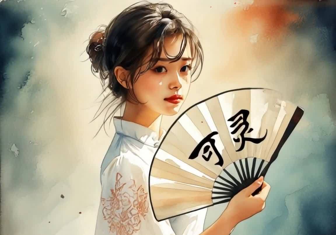 持扇的年轻女子水彩画风肖像