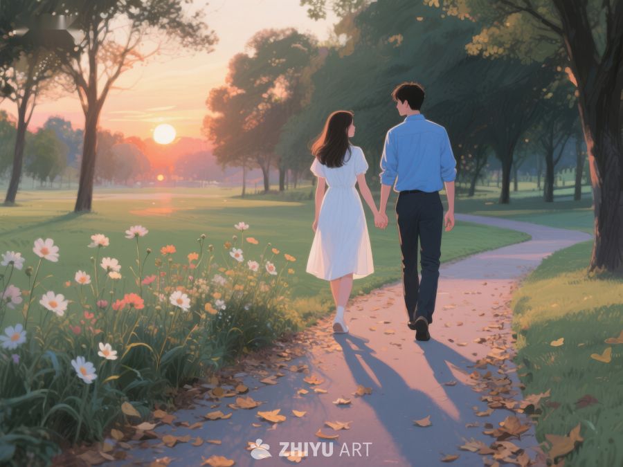 情侣手牵手漫步公园小径 565