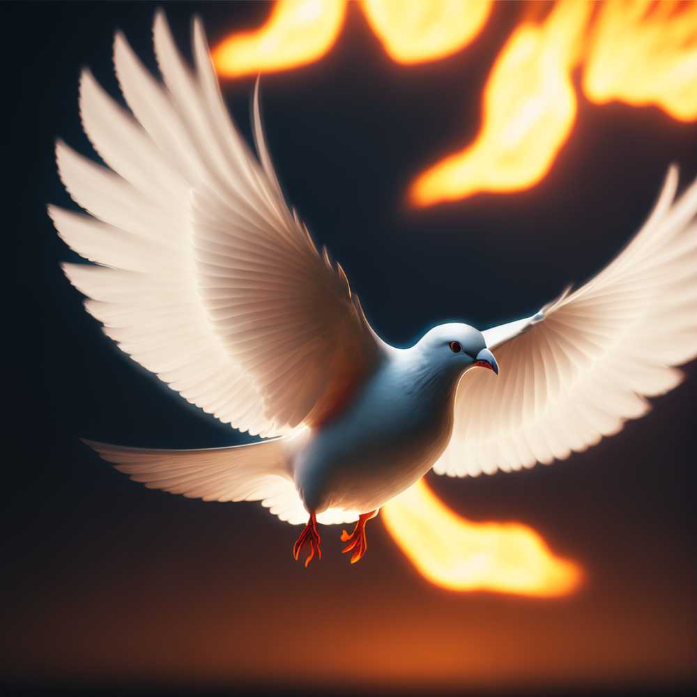 白色鸽子飞行与火在翅膀后面