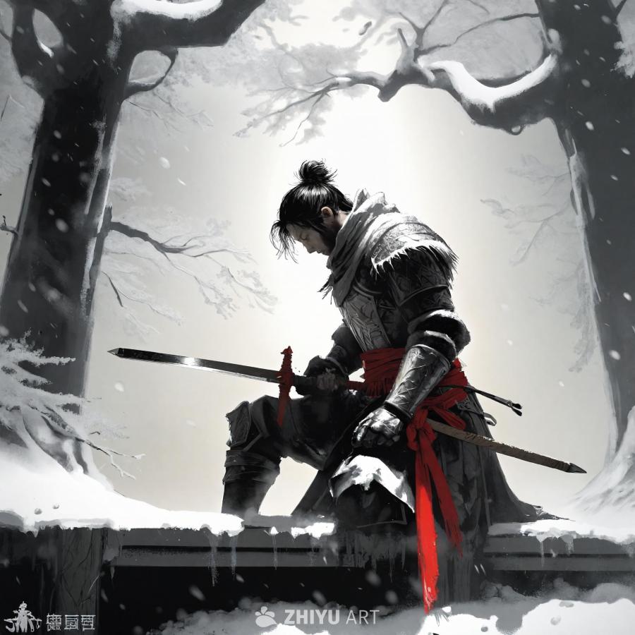 一名战士跪在白雪皑皑的森林里，紧紧握着一把剑。剑在