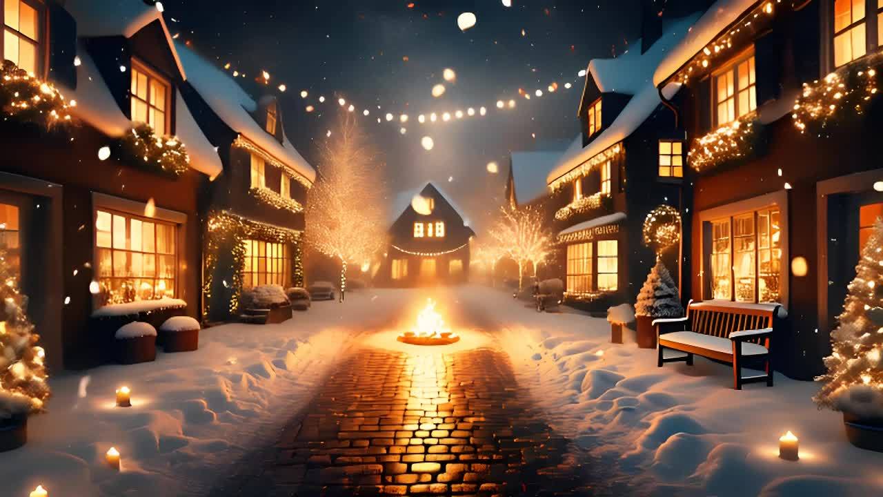 雪覆盖的街道两旁是装饰着灯光的房屋，街道中央有燃烧
