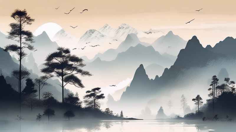 国风水彩画山水风景插画 48