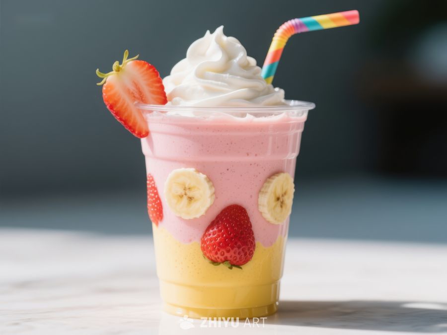 草莓香蕉奶昔配奶油和彩虹吸管