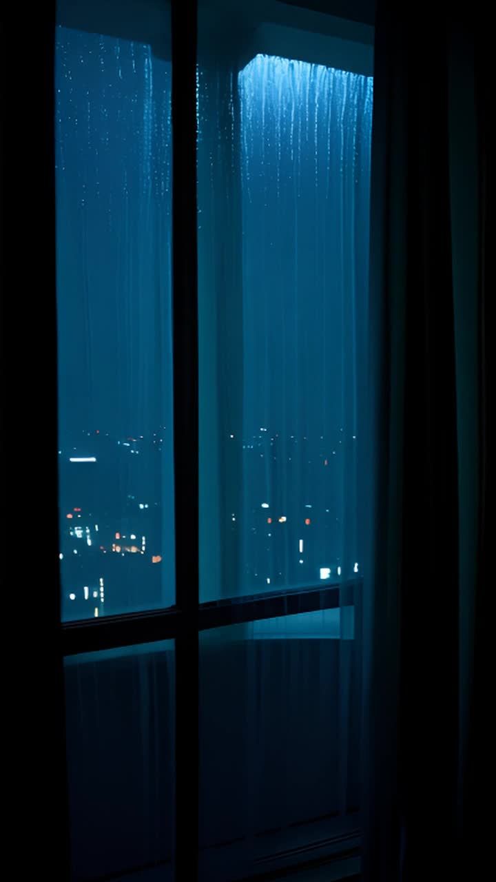一个酒店顶层公寓的夜景，灯光昏暗。窗外，雨水倾泻而