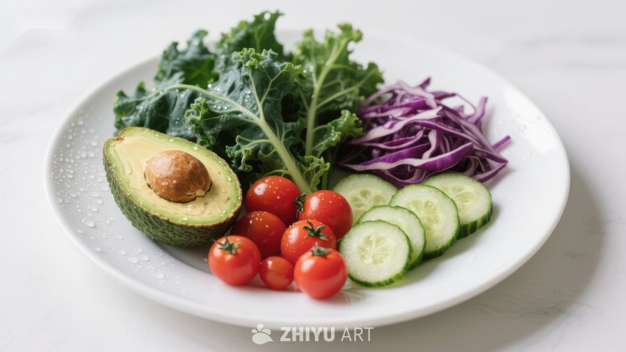 新鲜蔬菜拼盘，包含羽衣甘蓝、樱桃番茄和黄瓜