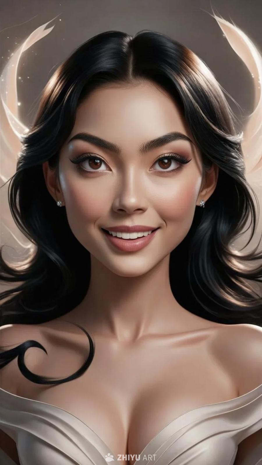 一位美丽的女子自信地站立着，她有着中等大小、略圆的