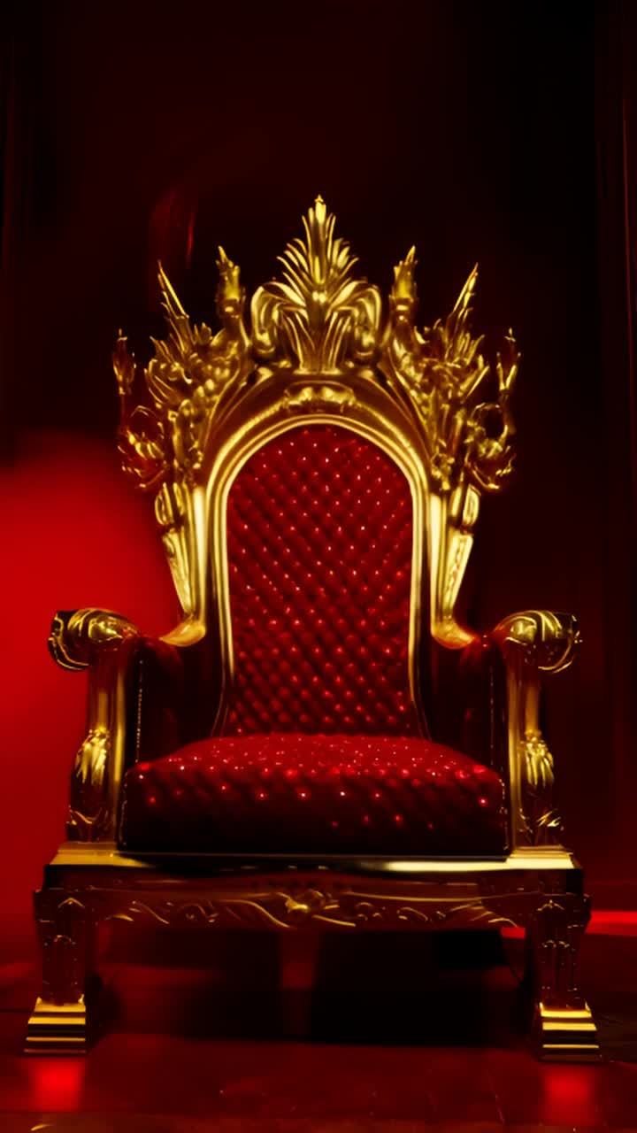 一个由金色制成并镶嵌着血红色宝石的巨大古老王座，在