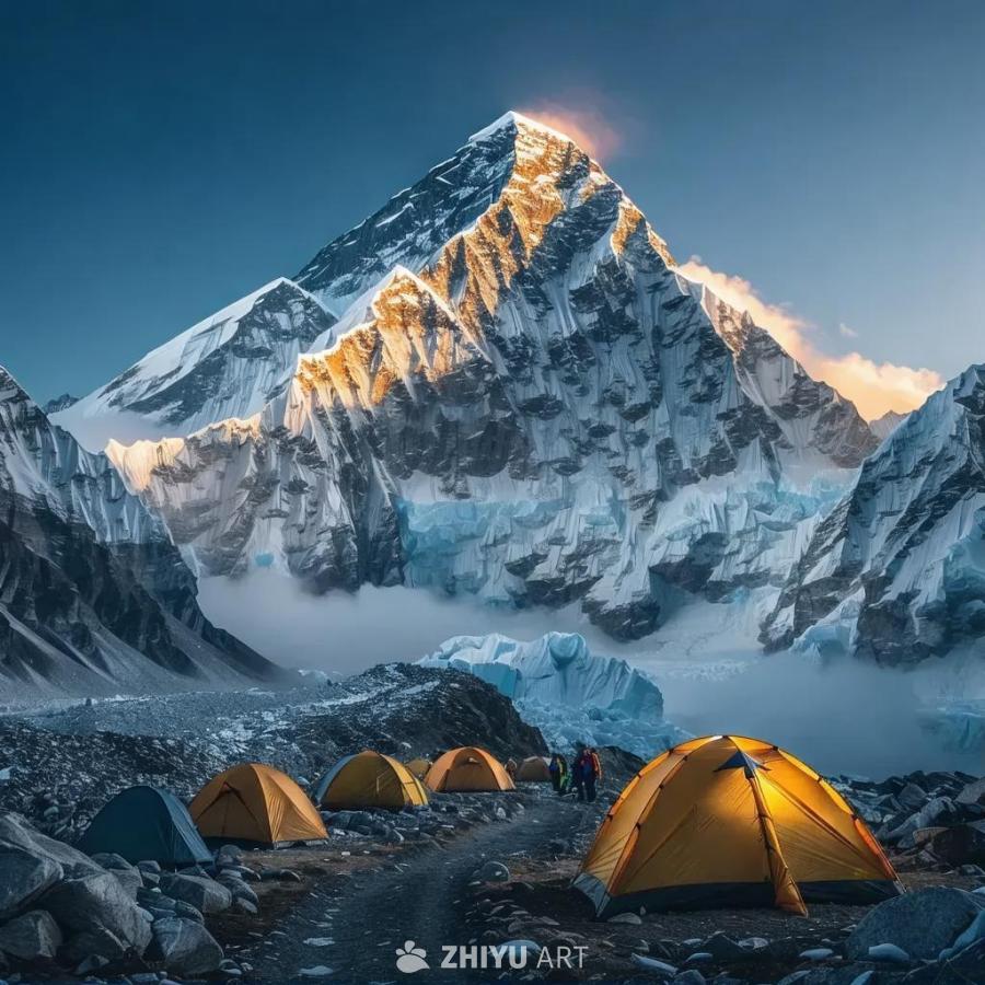 珠穆朗玛峰的雪峰在日出时沐浴在金色的光辉中。山顶笼