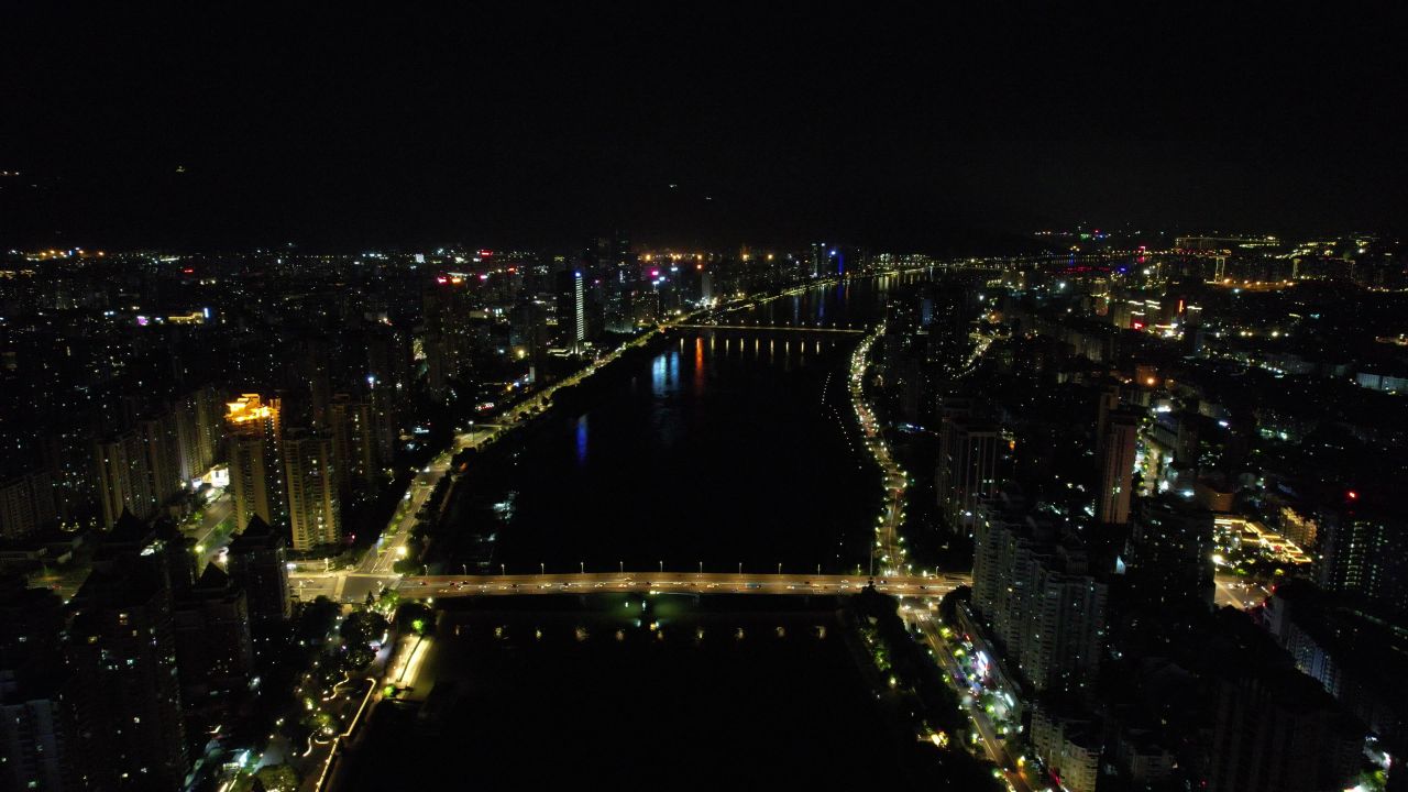 福建福州闽江两岸夜景航拍 