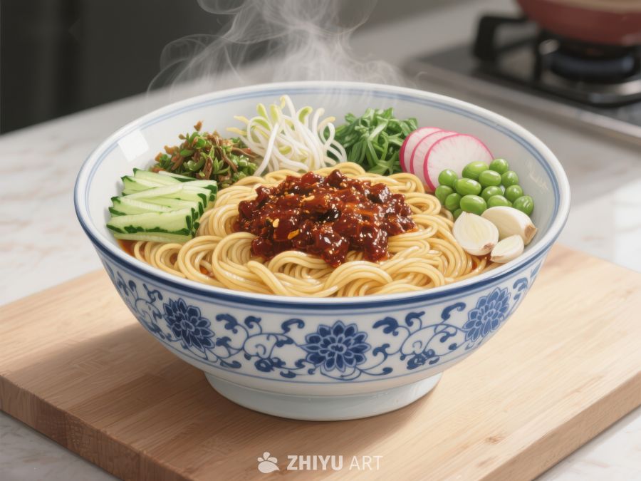 热腾腾的面条配蔬菜和酱料 982