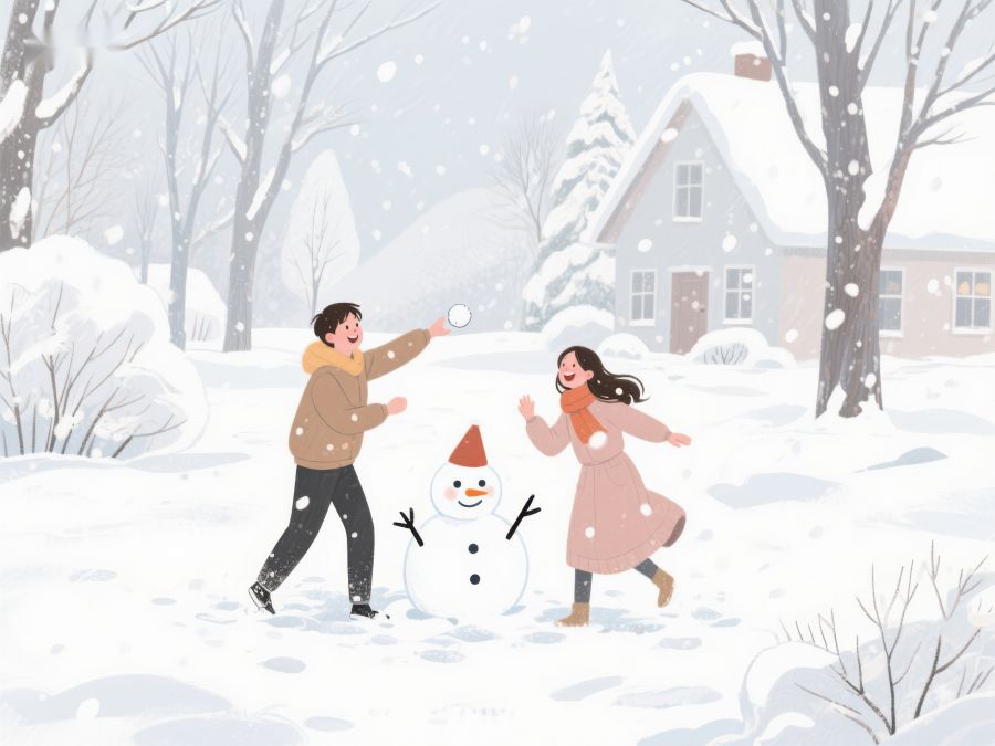冬日雪景中欢笑的两人与雪人 103