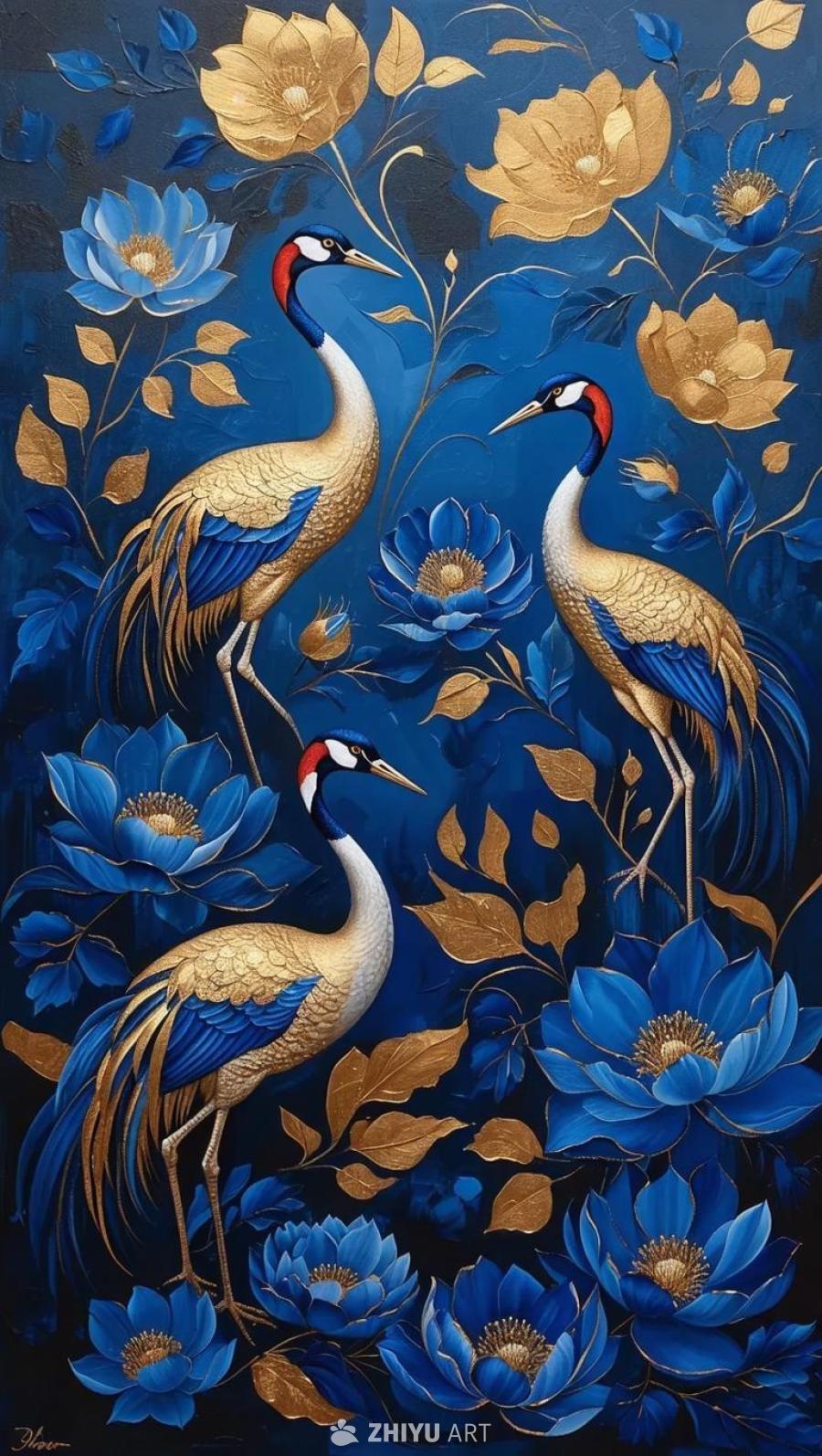 三只鹤站在蓝色花朵和金色植物之间，风格为浅金色和深