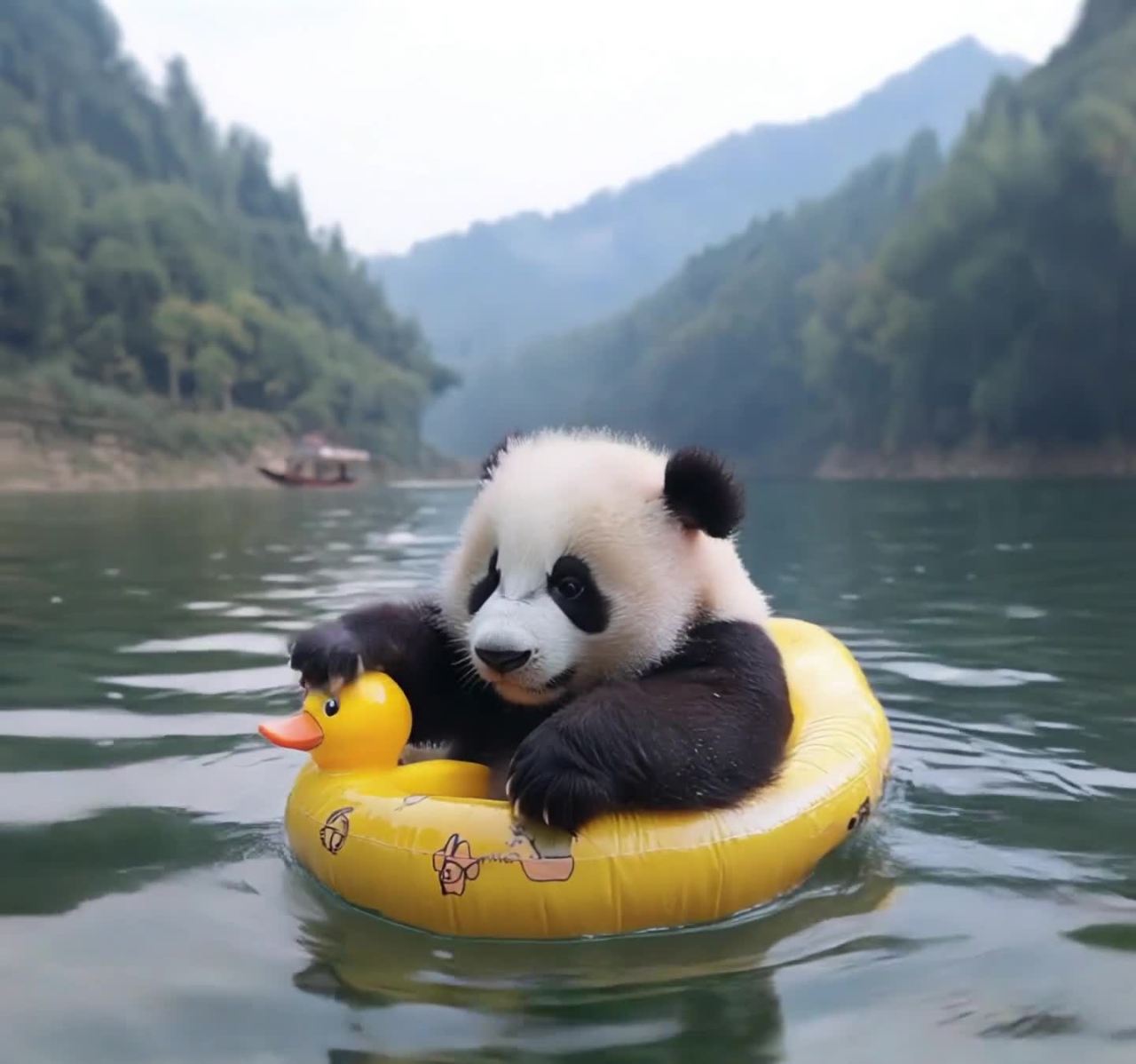 一只熊猫幼崽坐在一个黄色的鸭子造型的游泳圈里。游泳