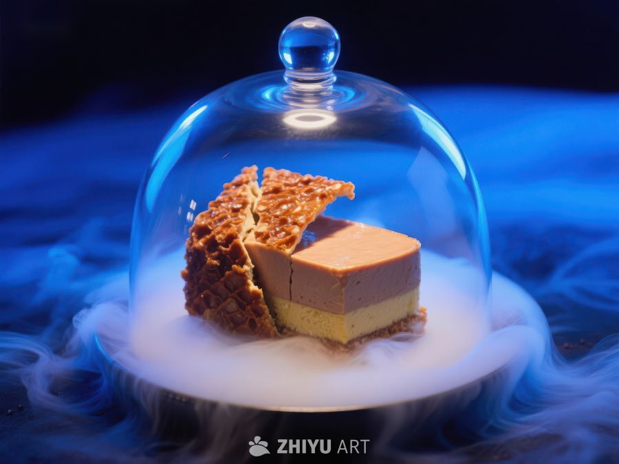 精致甜点在烟雾缭绕的玻璃罩中