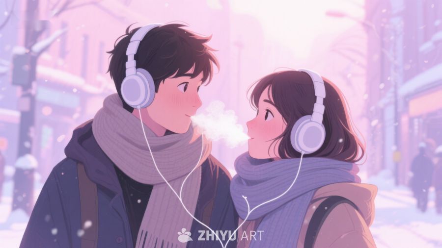 冬日街头共享耳机的两人 156