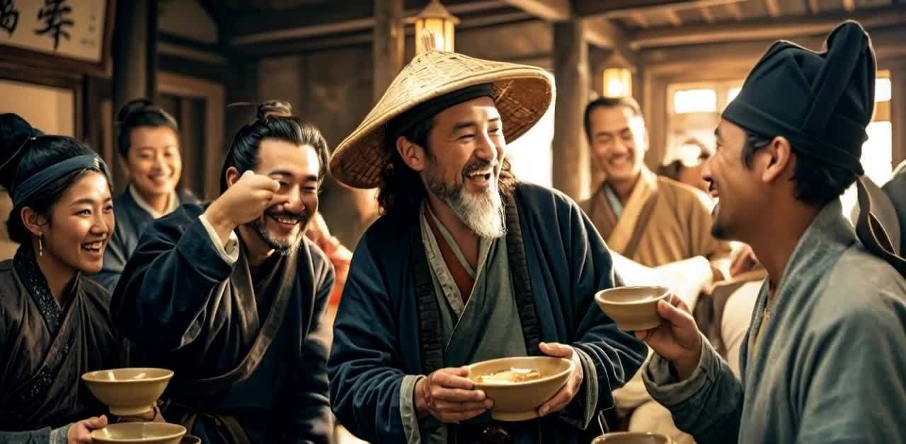 一群人聚集在一个有灯笼的房间里，他们似乎正在庆祝。