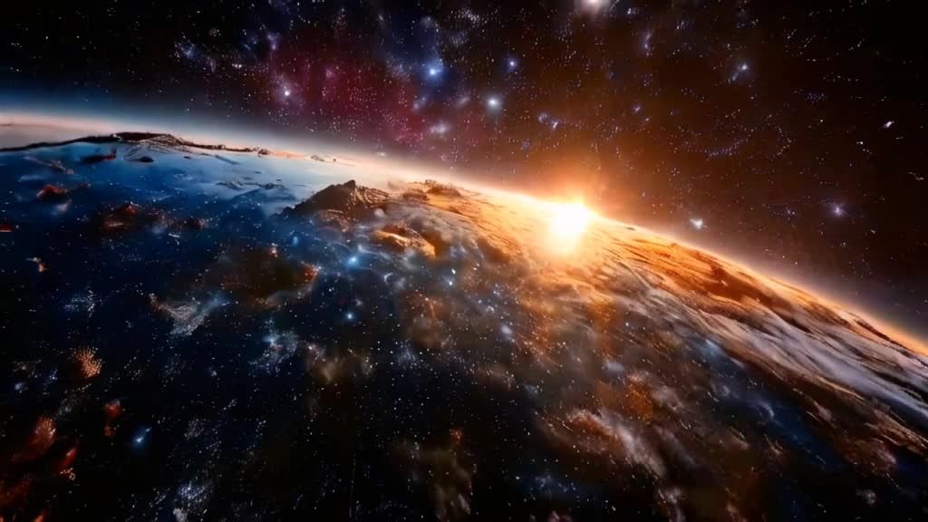 一个行星的表面呈现出蓝色和棕色，背景是布满星星的深