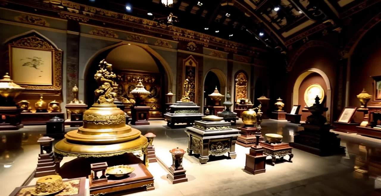 博物馆内陈列着各种文物，包括青铜器、陶瓷和书画等。