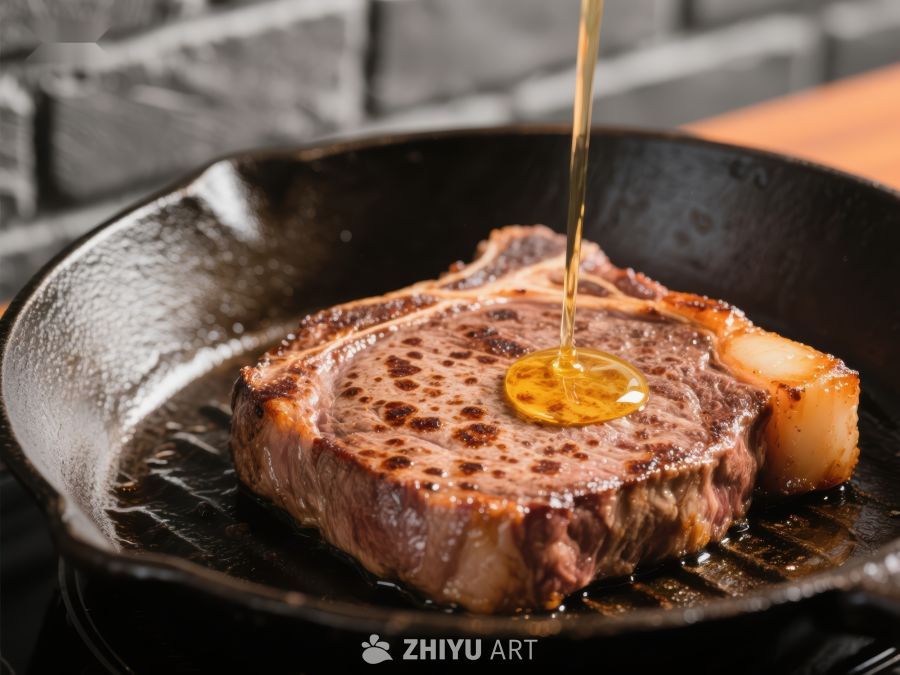 煎锅中的牛排淋上热油