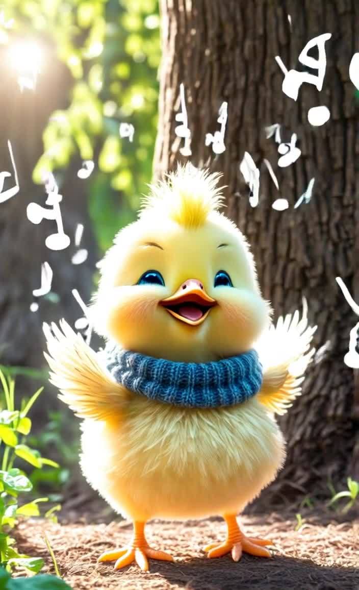 戴围巾的小鸡与音符在树下欢快歌唱