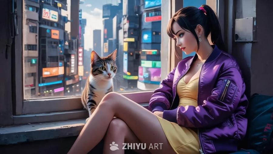一只猫坐在窗台上，旁边坐着一位穿着紫色夹克和黄色连