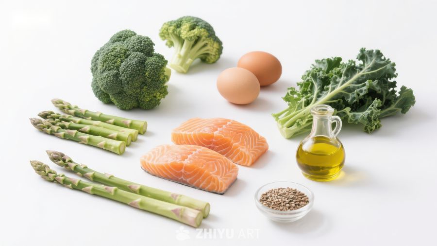 健康食材组合：三文鱼、蔬菜与鸡蛋
