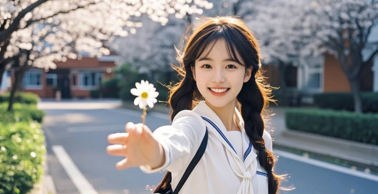 一位年轻女士站在户外，对着镜头微笑。她留着棕色长发