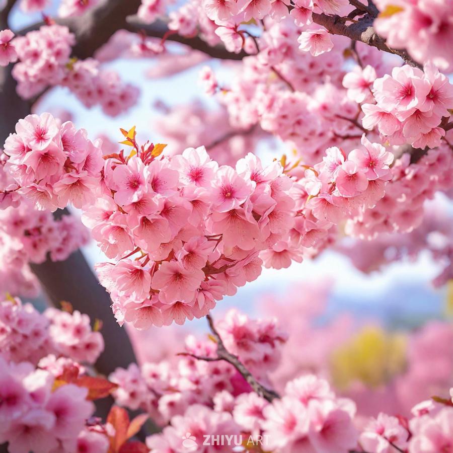 一棵美丽的树，树上开满了粉色的花朵，营造出充满活力