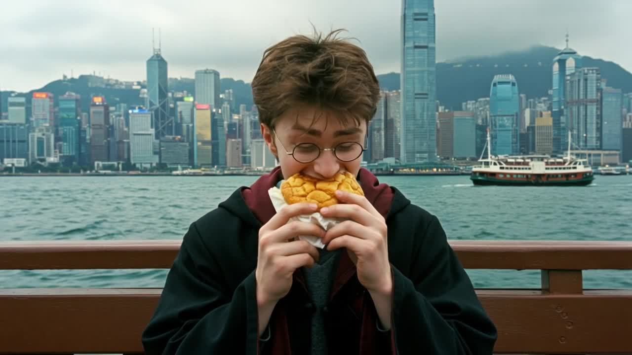 该男子坐在水边，平静地吃着东西。背景中，一艘船缓慢