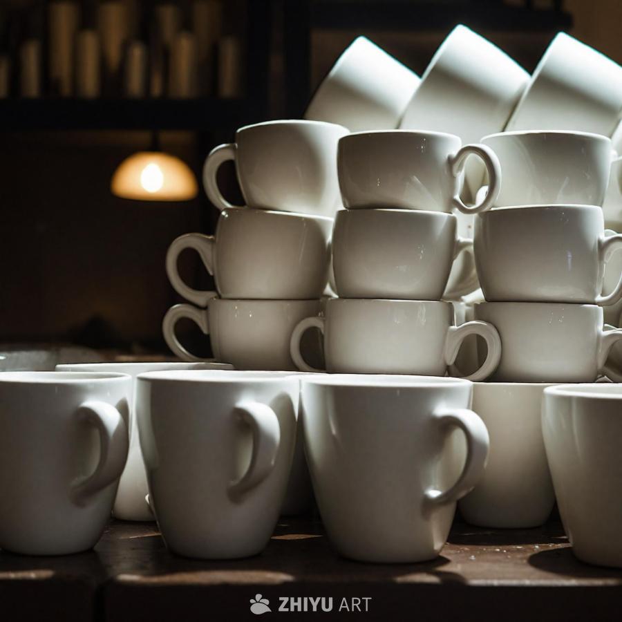桌子上堆满了大量的白色咖啡杯，它们整齐地堆叠在一起