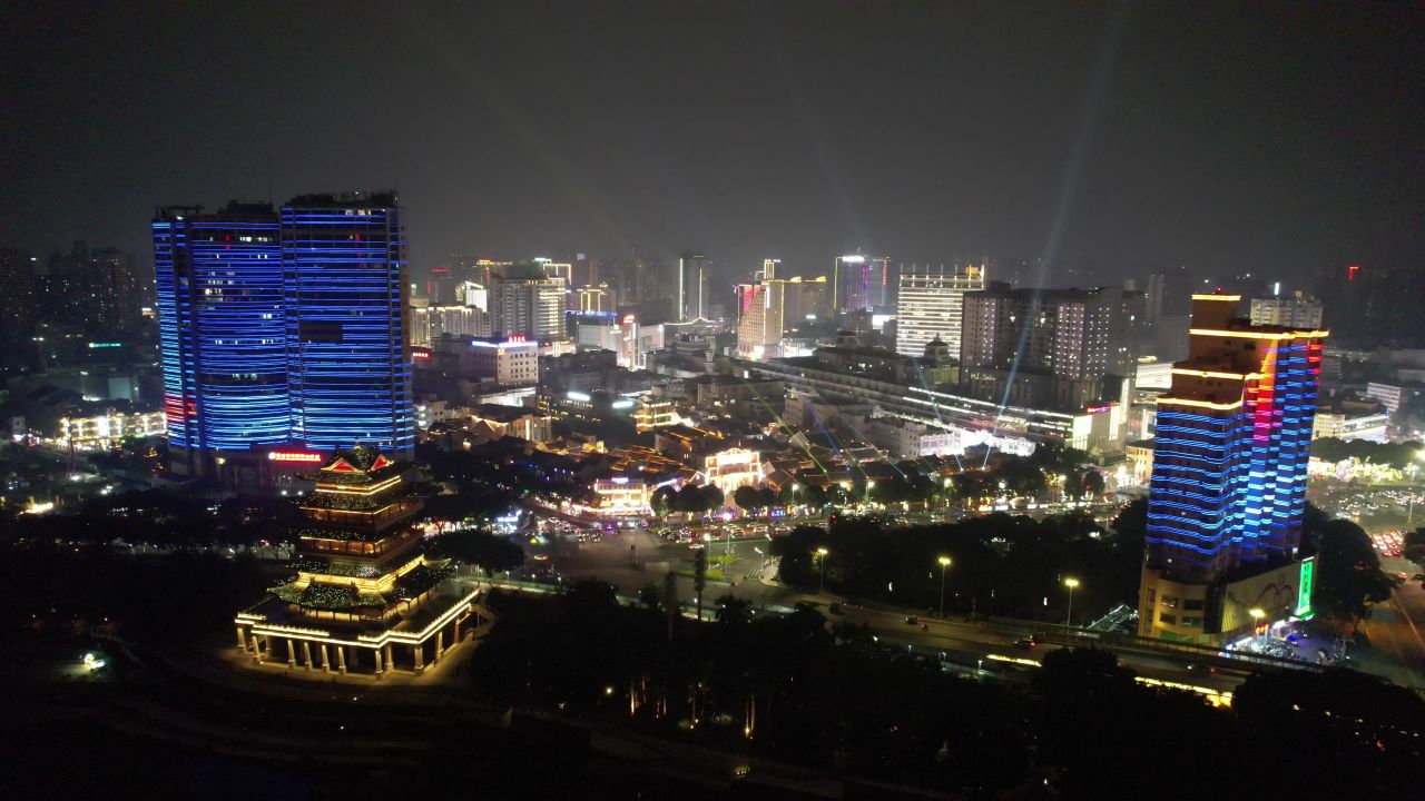 广西南宁畅游阁夜景灯光航拍 