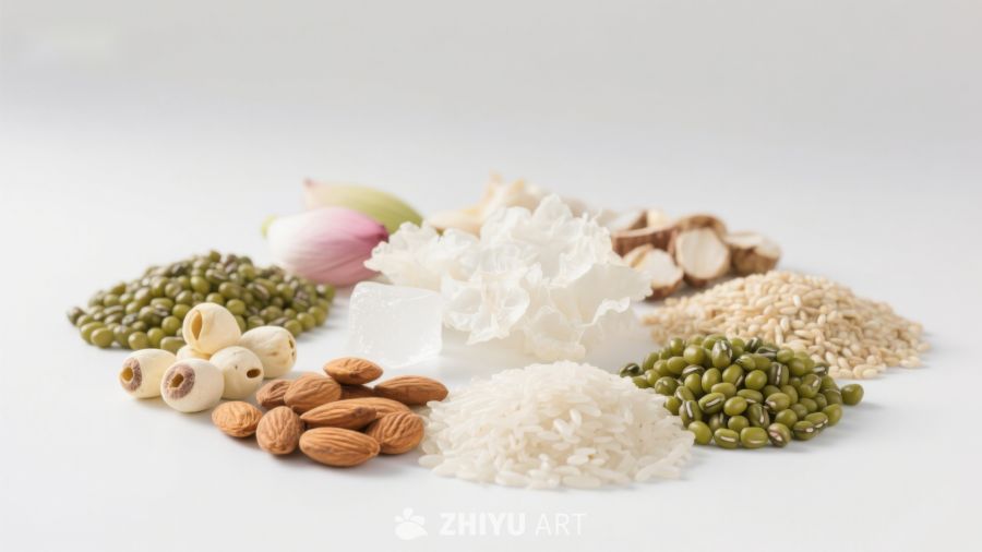 多样食材展示：豆类、坚果与谷物