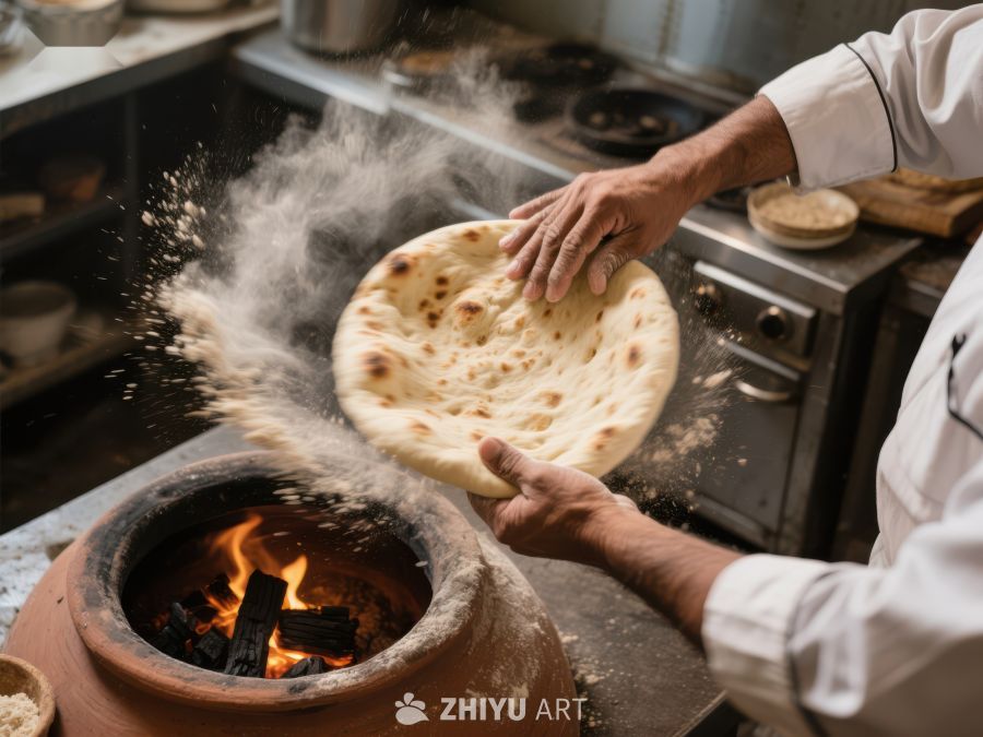 厨师将面饼放入传统烤炉 71